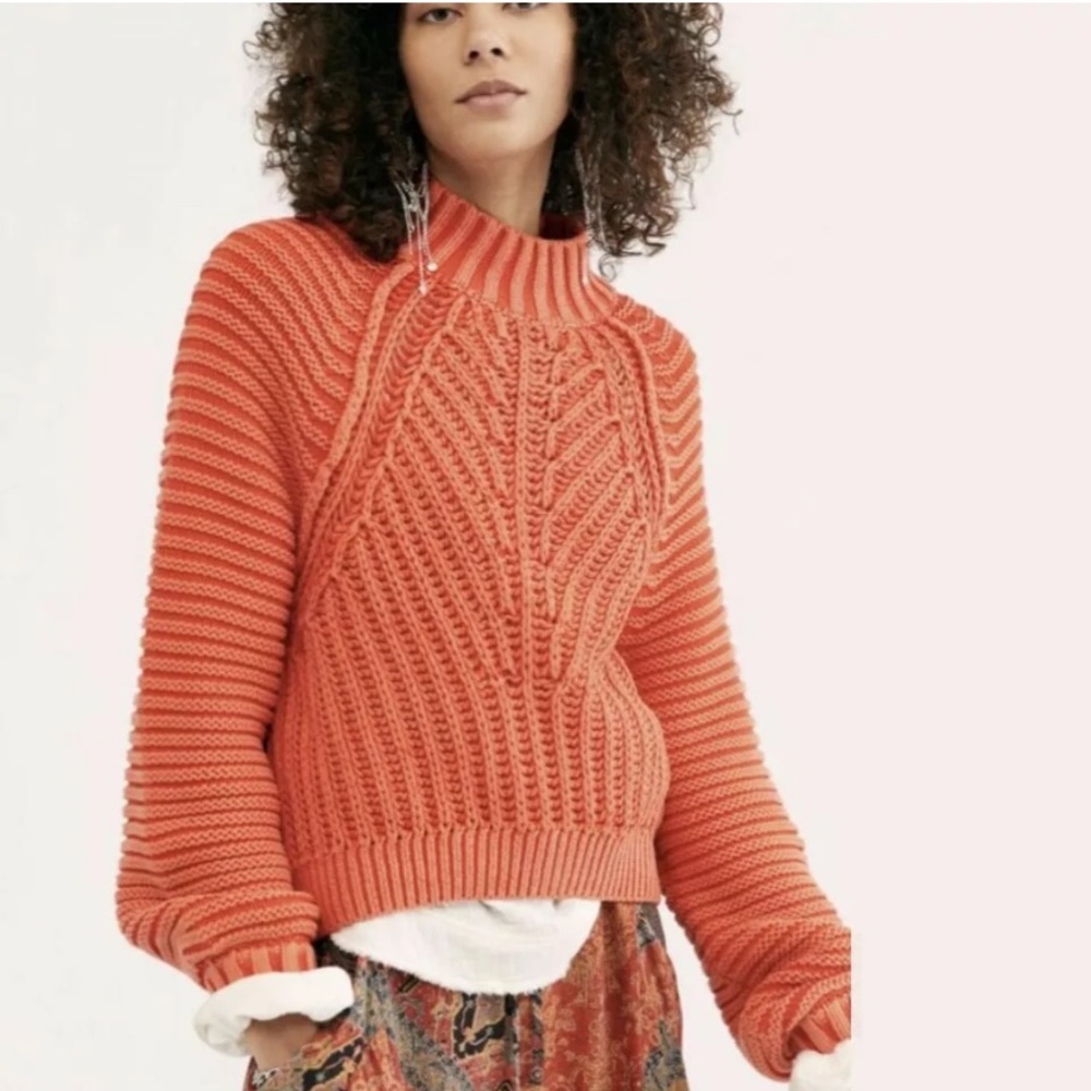 Free People Sweater Sweetheart Chunky Rib Knit Pullover Orange Large L New